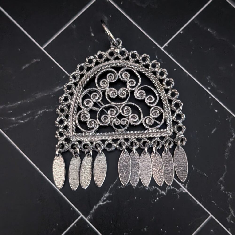 Vintage Pendant Large Ornate Silver Tone - No Chain Included - Dangle Missing